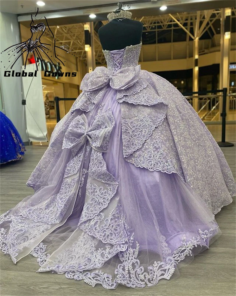 Vestido de fiesta púrpura brillante con escote corazón para niña, vestido de fiesta de cumpleaños con cuentas de vestido para quinceañeras, con lazo para graduación en la espalda