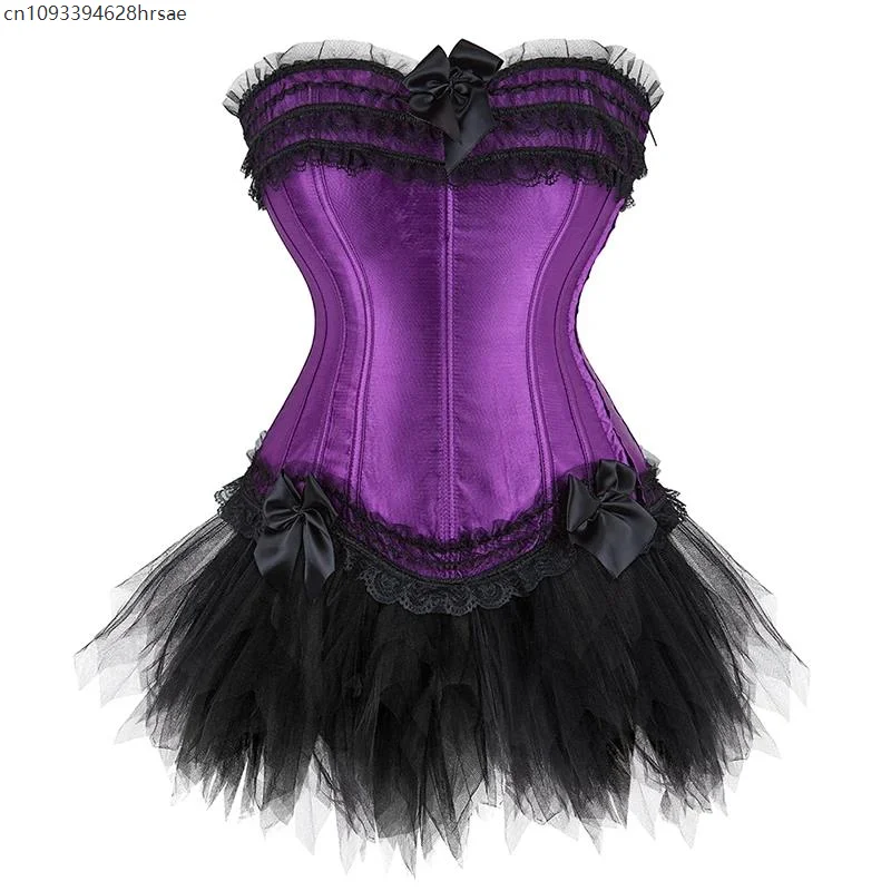 

Women Plus Size Satin Lace Up Burlesque Corset Tutu Skirt Dress Retro Victorian Overbust Corset Short Skirt Set