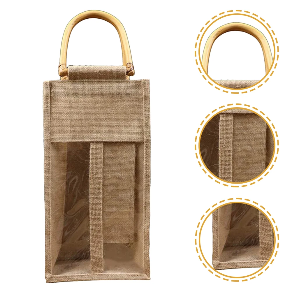 

Linen Tote Portable Bottle Burlap Gift for Wedding Party Red Packaging Clear Window Bag Travel Grocery Gift