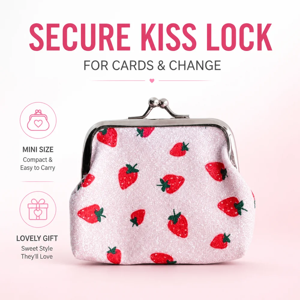Portable Fruit Pattern Coin Purse Hasp Closure Strawberry Cherry Print Lipstick Pouch Small Multifunctional Wallet Card Storage