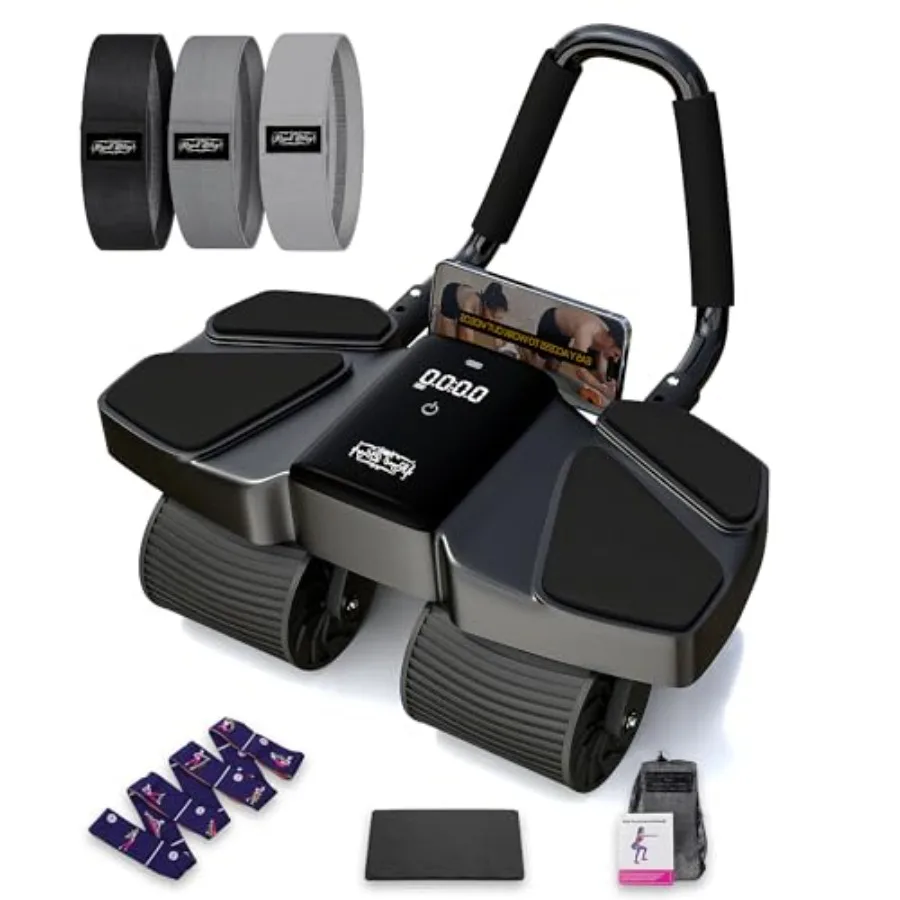 

Тренажер для пресса Ab Roller с 4 колесами, LCD-экраном, ремнем для йоги и 3 эластичными лентами сопротивления для комфортных тренировок дома