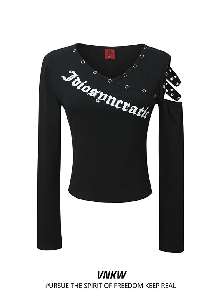 

Женская модная футболка Slim Fit с принтом в стиле панк, открытыми плечами, длинными рукавами и V-образным вырезом, укороченная, универсальная, повседневная