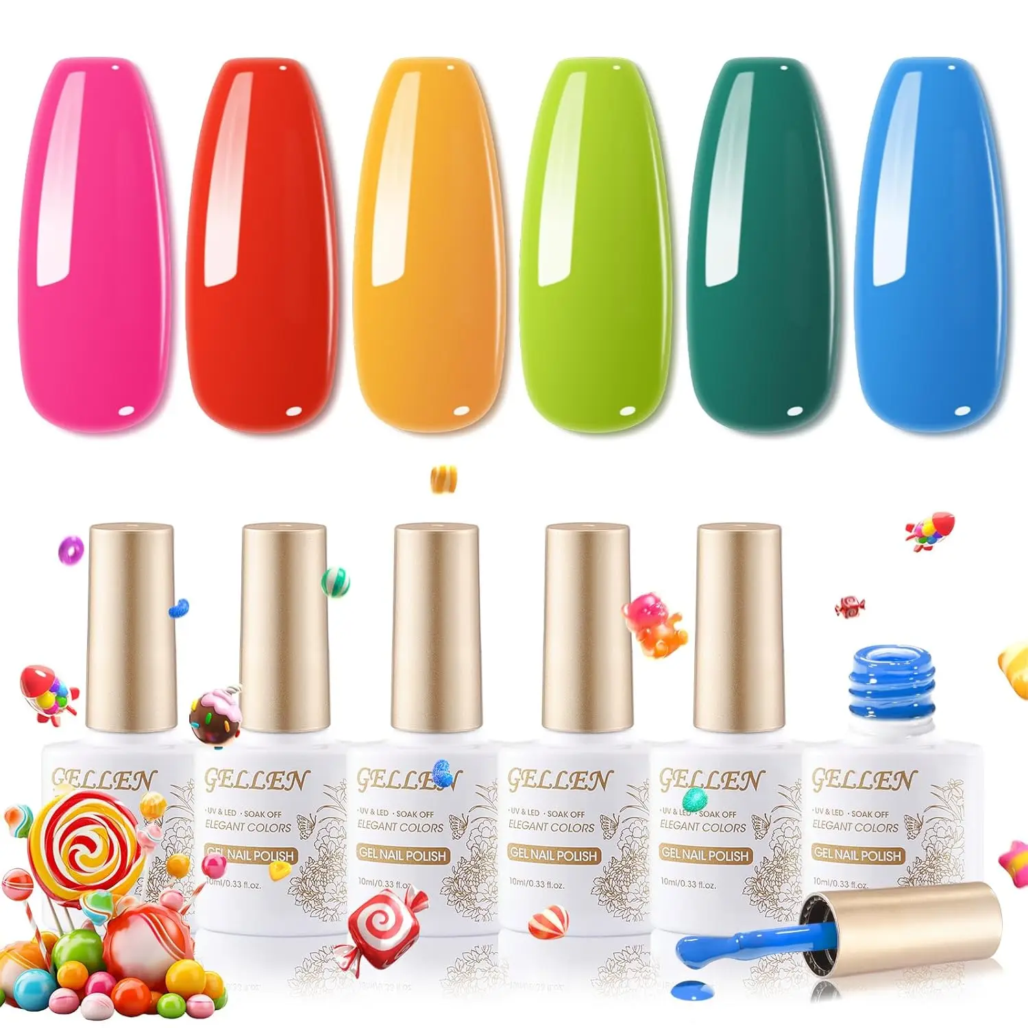 

GELLEN Gel Nail Polish Kit 6 Colors Pink Red Orange Green Blue Gel Polish Paint Nail Art Women Spring Summer DIY Rainbow Charms