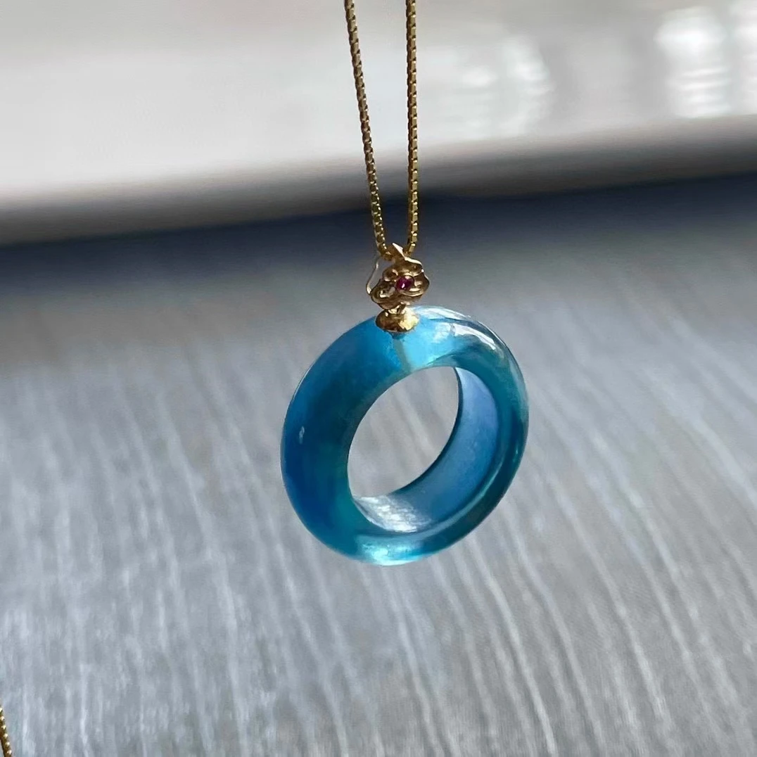 Natural Blue Aquamarine Round Donut Pendant 18K Gold 20.5*6.9mm Women Fashion Bead Aquamarine Blue Rare 18K Gold Necklace AAAAA