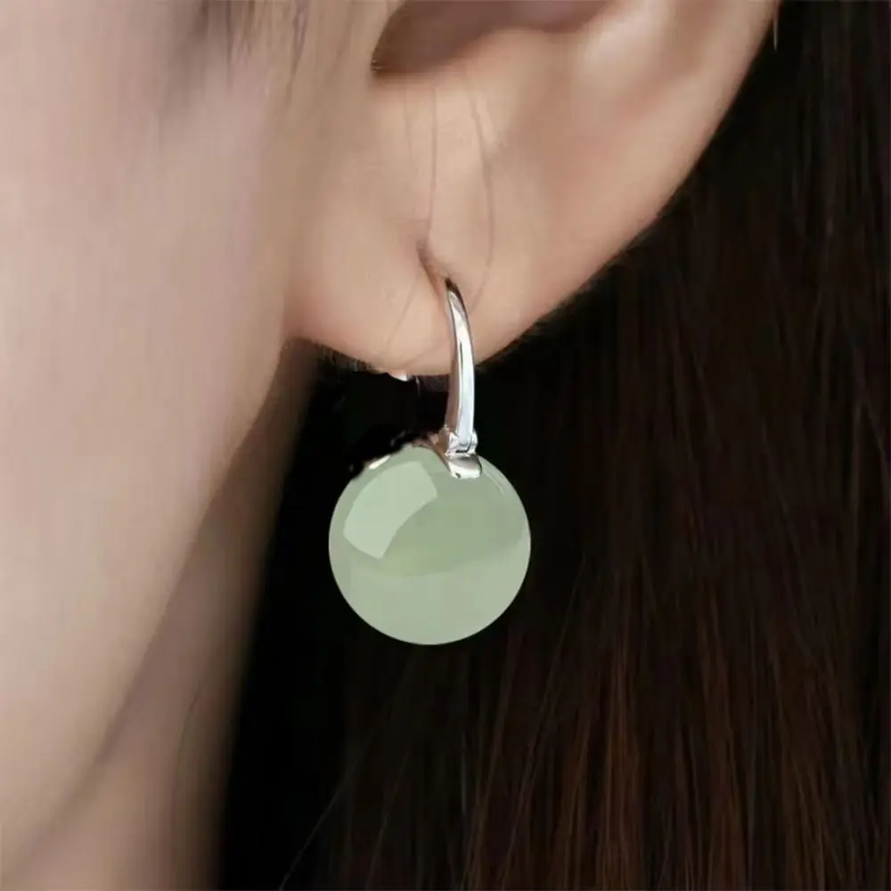 Simple Ball Shape Long Earrings Shell Beads Temperament Drop Earrings Rhinestone Simulation Green Jade Ear Hook Ear Jewelry