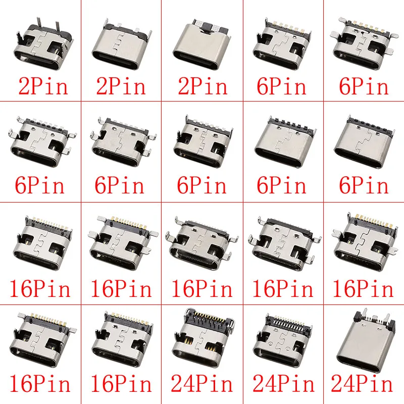 USB C타입 암 잭 충전 포트 커넥터, SMD SMT PCB 납땜, DIY 수리 USB-C, C타입 소켓 커넥터, 2 핀, 6 핀, 16/24 핀, 10 개 