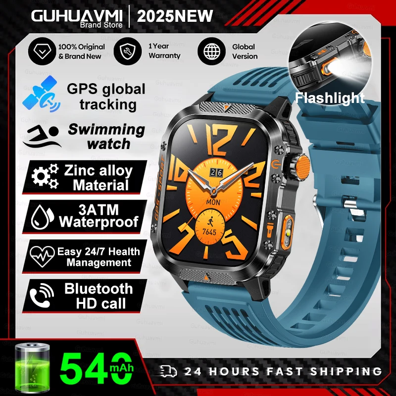 2026 Nieuwe Militaire Smartwatches Mannen 10ATM Waterdicht Zwemmen GPS Bluetooth Oproep 2.01 "AMOLED HD Sport Zaklamp Smart Horloge Mannen