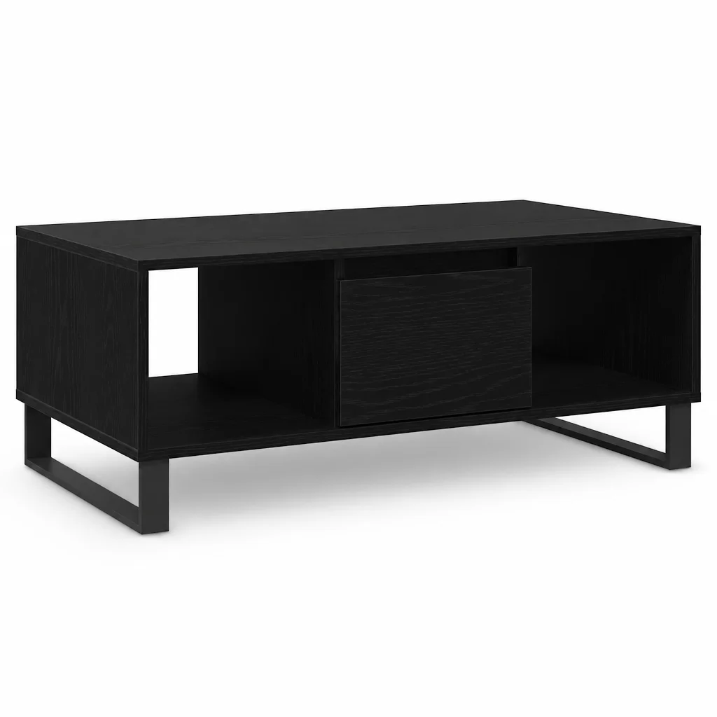 Table basse en chêne noir 90x50x36,5 cm en bois d'ingénierie - Table de salon rectangulaire moderne avec tiroir, rangement pour magazines et télécommandes, placage de chêne durable et pieds en métal