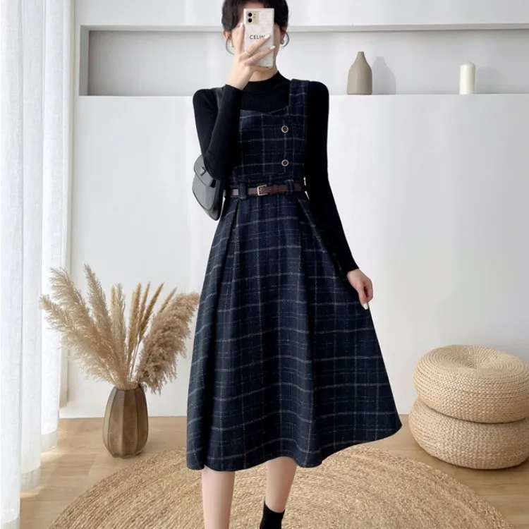 Autumn Winter Lady fashion Overalls 2 Piece Set Dress Women Turtleneck Knitted Sweater Top + Plaid Tweed Slim Big Swing Dress