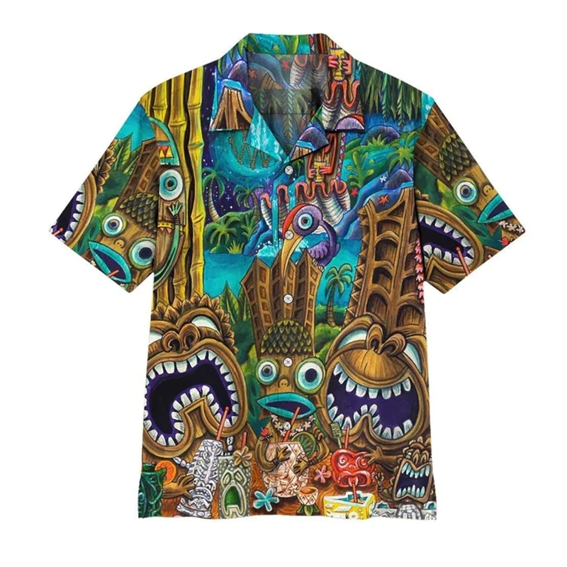 Tiki Moai 3D Printed Hawaiian Shirts For Men Clothes Vintage Civilization Horror Skull Graphic Blouses Casual Y2k Beach Shirts