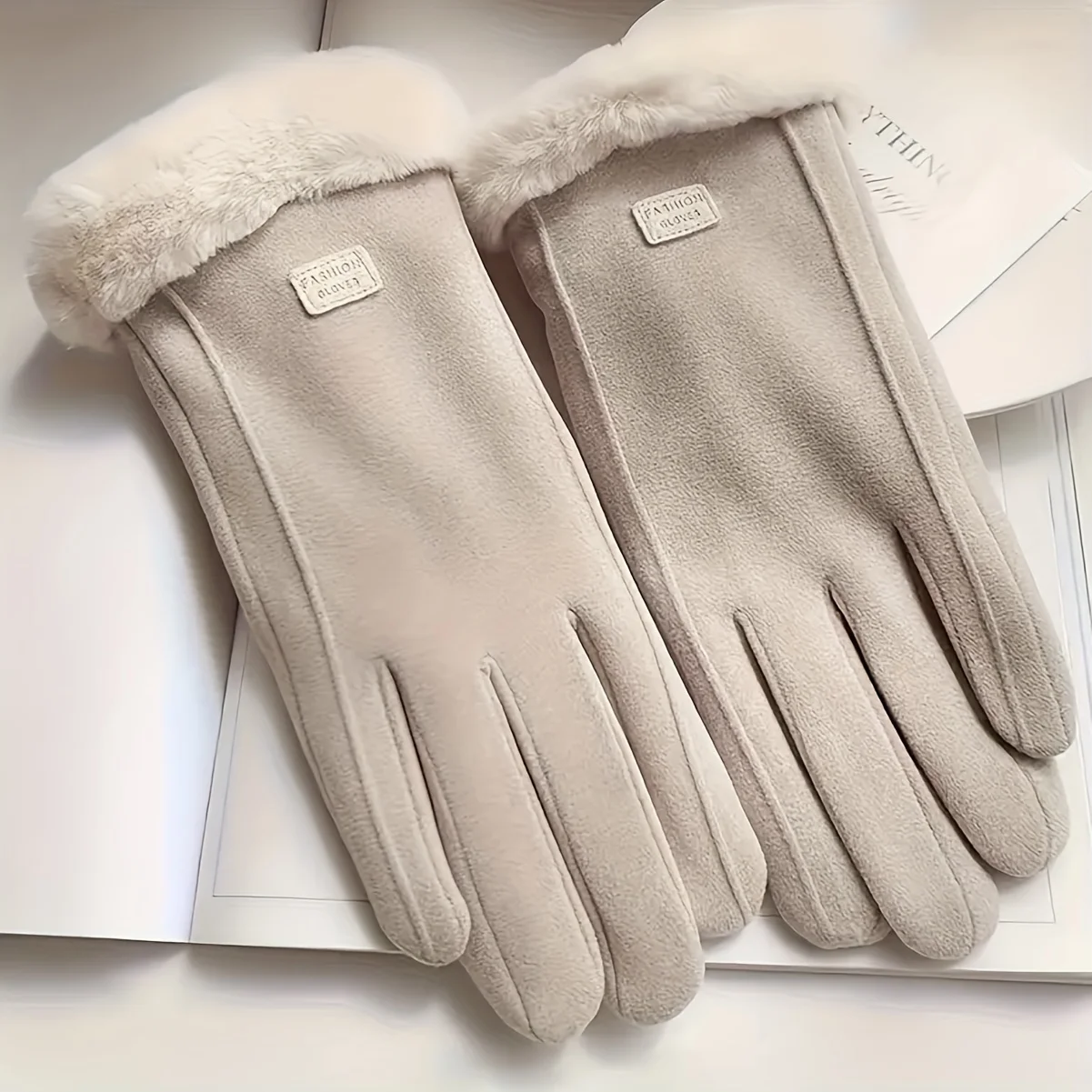 Comfortable beige touchscreen gloves with plush lining - providing thick and warm winter protection for outdoor leisure