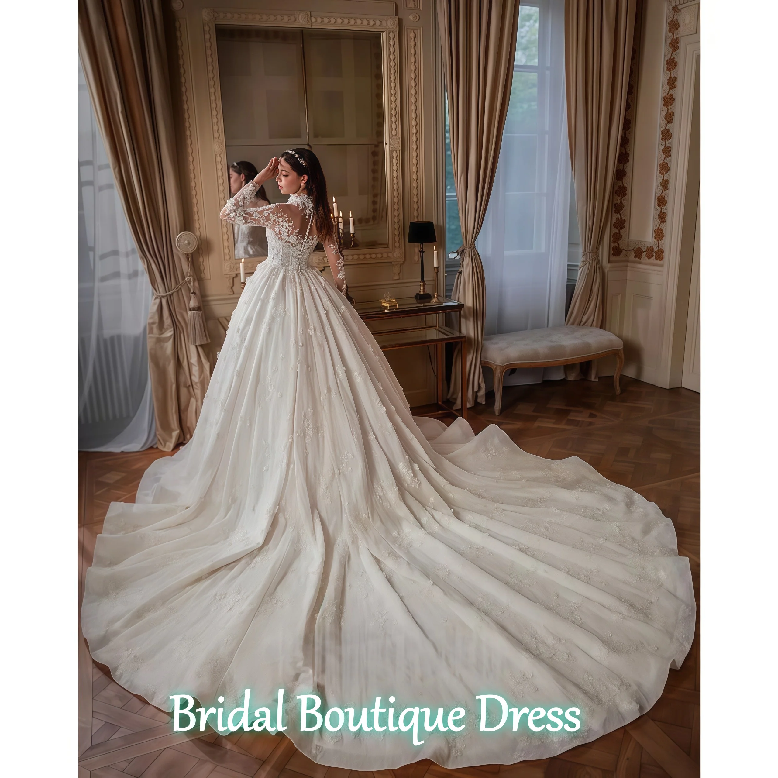 Vestido De Novia personalizado, exquisito, De manga larga, con cuello redondo, escote en forma De corazón, calcomanía De encaje, Vestido De baile nupcial, corte en A, Vestido De Novia