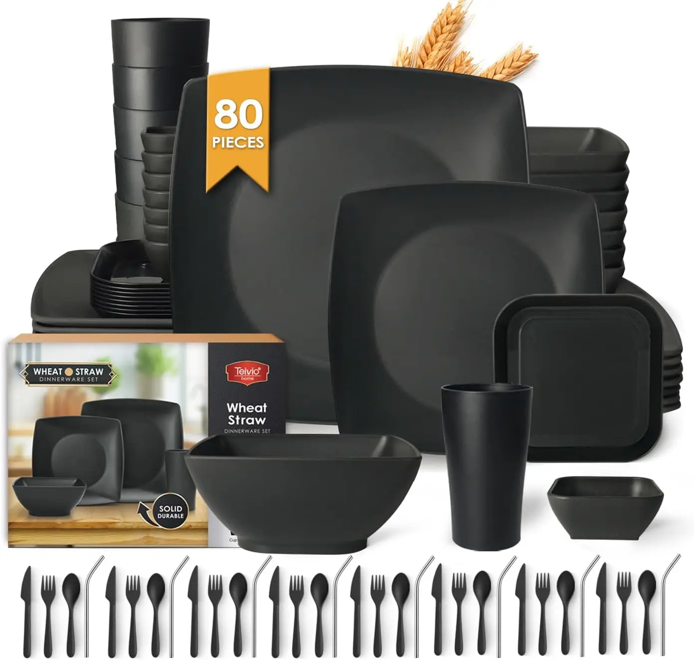 

80-piece Plastic Kitchen Wheat Straw Square Dinnerware Set for 8, Unbreakable Dinner Plates, Salad Plates, Snack Bowls,Sa