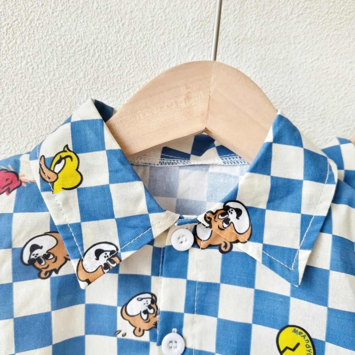2024 Spring/Autumn New Infant Toddler Pure Cotton Grid Cartoon Printed Long Sleeve Single-Breasted Buttoned Shirt