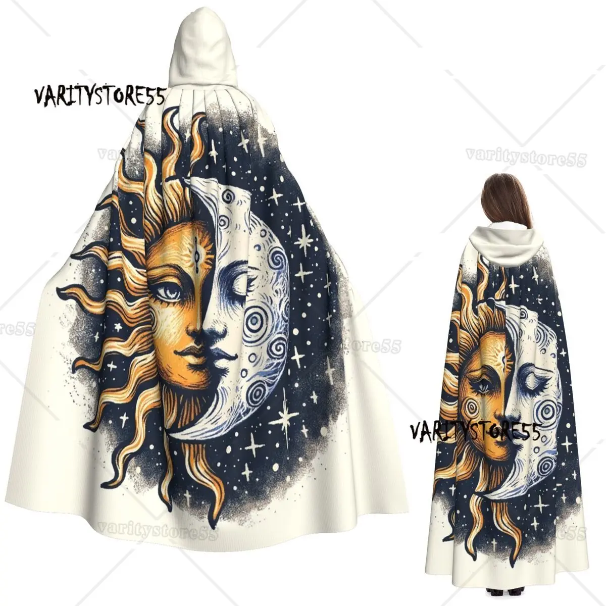 

Vintage Sun And Moon Solar Eclipse Long Hooded Cloak Witch Medieval Costume Cosplay Cape HalloweenVampire Adult Unisex