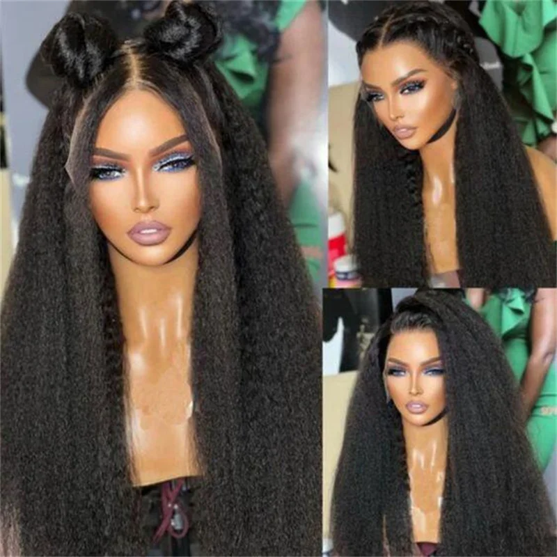 Yaki Kinky Straight Lace Front Wig com cabelo de bebê para mulheres, macio, natural, preto, longo, sintético, pré-arrancado, sem cola, desgaste diário, 26"