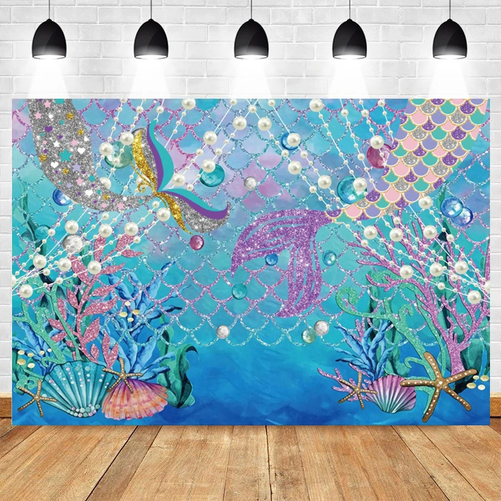 Задний фон для фотосъемки с изображением настоящей принцессы русалки на 1-й День рождения задний фон для фотосъемки в фотостудии с изображением хвоста русалки и морского дна