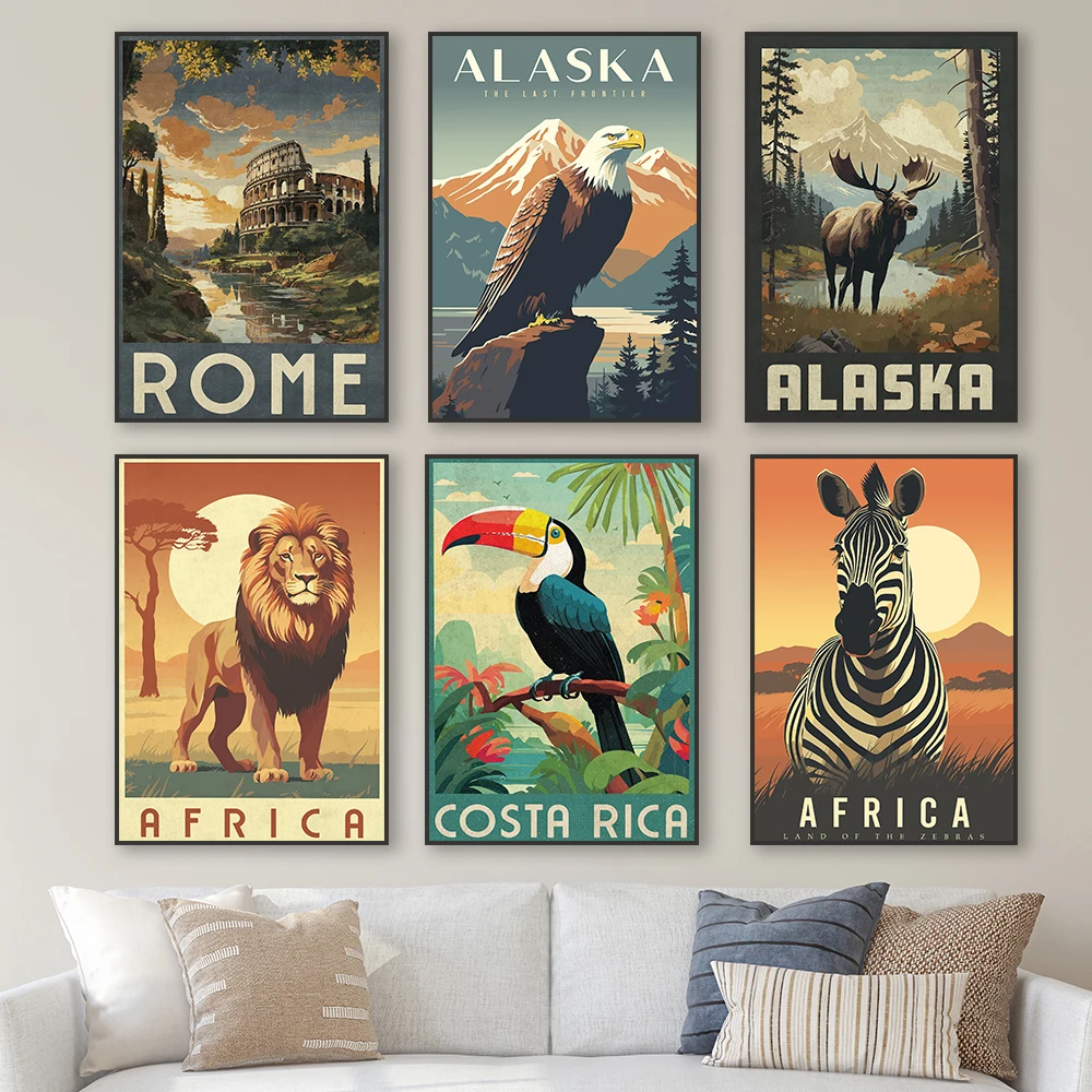 Costa Rica Travel Poster Print London Bridge Vintage Travel Poster Alaska the Last Frontier Bald Eagle Canvas Painting Decor