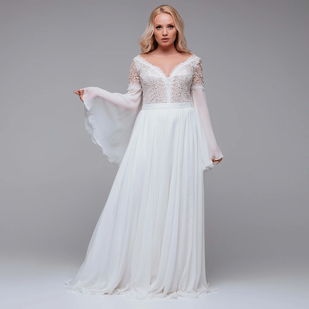 

Plus Size A-line Butterfly Sleeves Wedding Dress for Women Chiffon Floor Length Corst Lace O-Neck Bridal Vestidoe De Novia