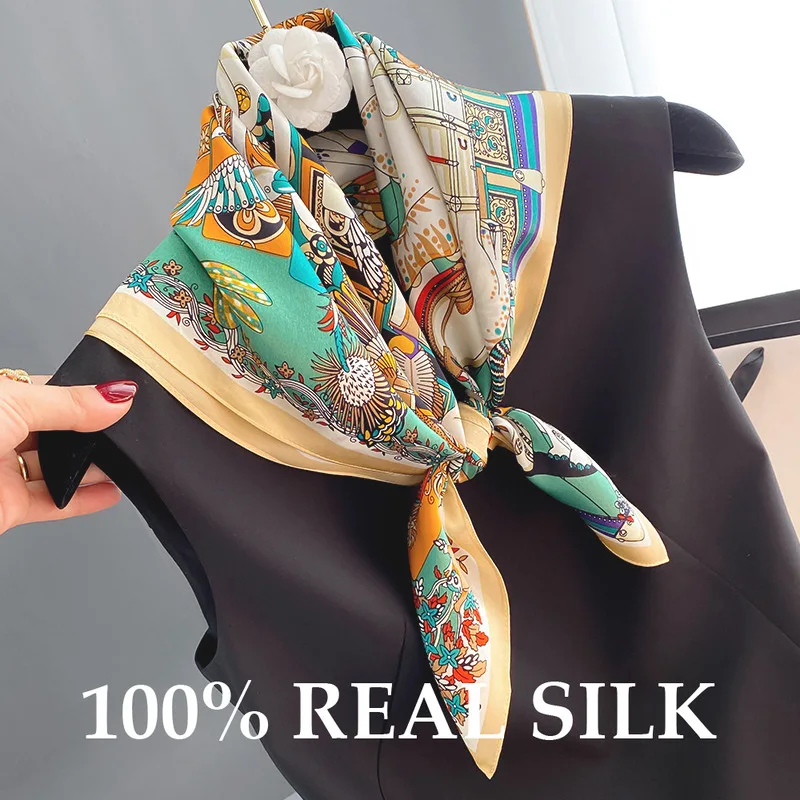 Lenço de Seda Pura 100% de Luxo para Mulheres, Foulard para Pescoço e Cabelo, Lenços Quadrados, Hijab, Lenços Estampados, Poncho, Pashmina, Bufanda