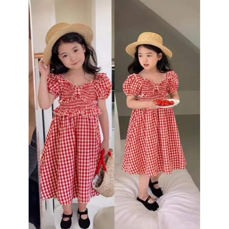 

Girls' Dress Summer New Sweet Plaid Puff Sleeve Princess Dress Children Fairy Dress One Piece Dropshipping