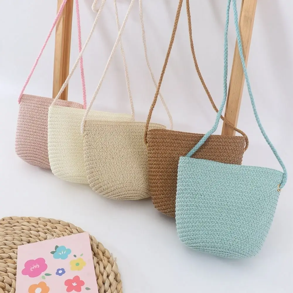 

New Summer Children Girls Shoulder Bag Creative Pure Color Straw Messenger Bag Kids Coin Purse Cute Princess Mini Handbag