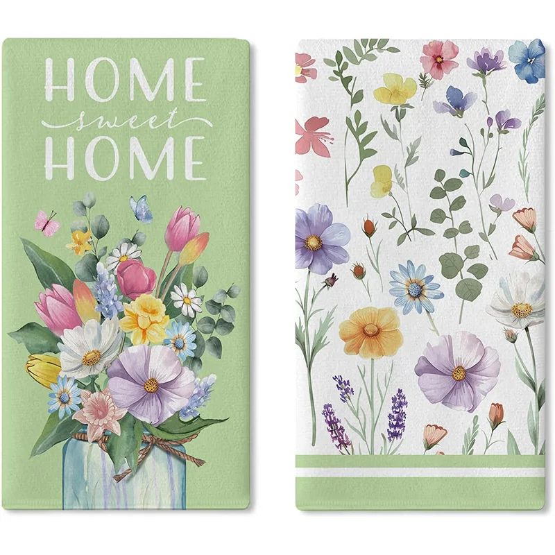 Paquete de 2 paños de limpieza sencillos para el hogar Wildflower Mason Jar, estropajos, paños de cocina, toallas de té, manteles individuales, para lavar y secar artículos del hogar, paños de secado suaves y absorbentes, sin pelusas, que no se decoloran,