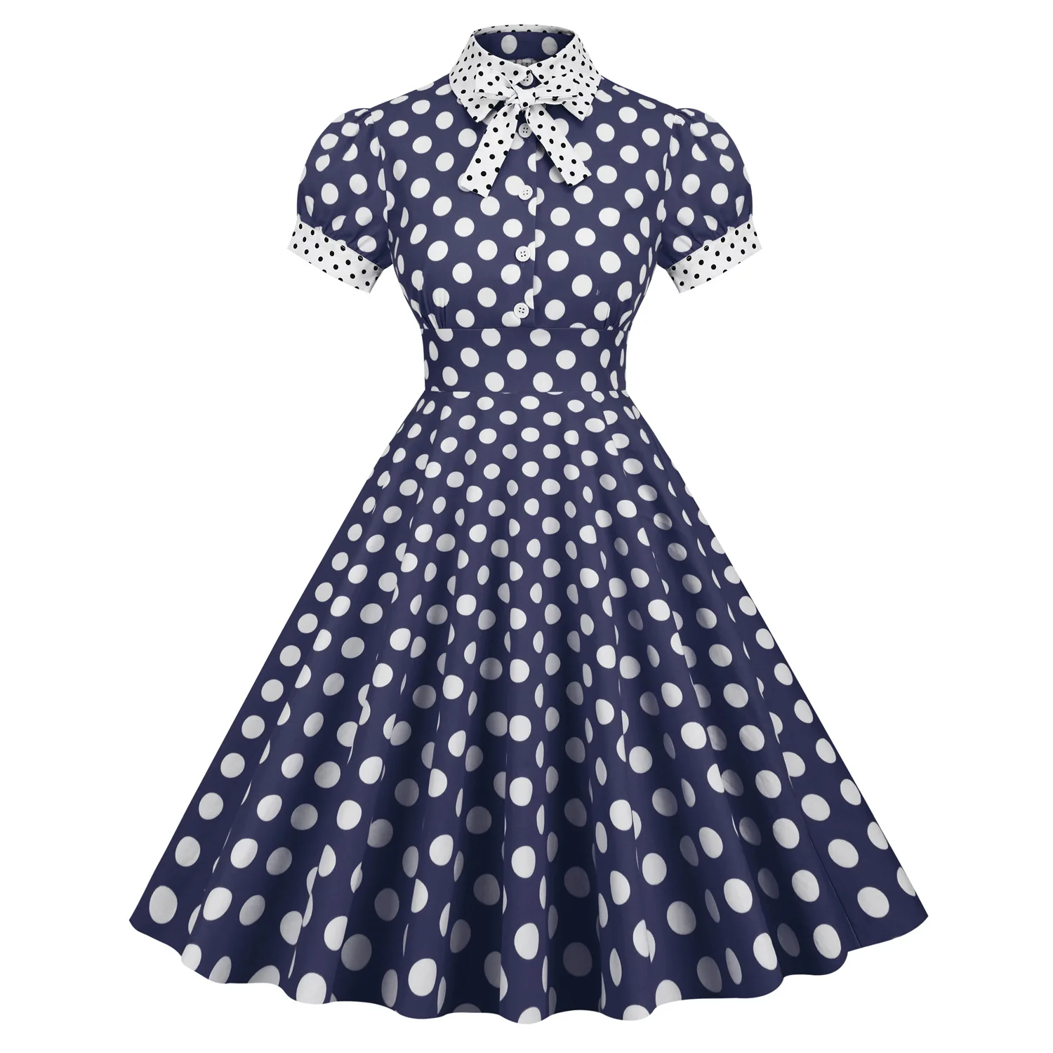 Vintage Contrasting Color Shirt Collar Polka Dot Retro Big Swing Fluffy Slimming Photo Bridesmaid Casual Party Dress