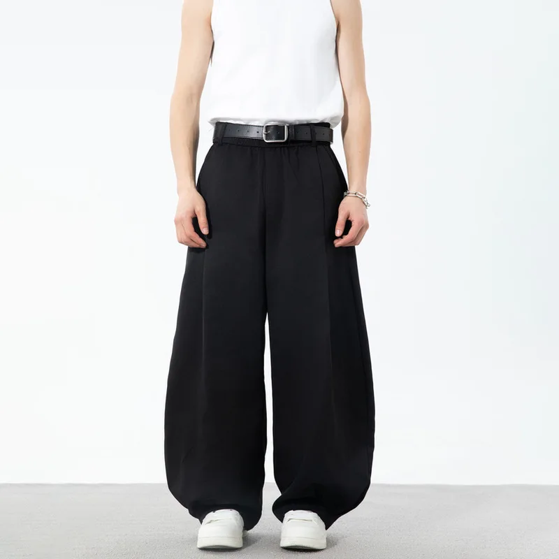 

2025 Spring Summer Fashion Men's Solid Color Casual Trendy Loose Wide Leg Drawstring Trousers Male Simple Basic Pants Clothes