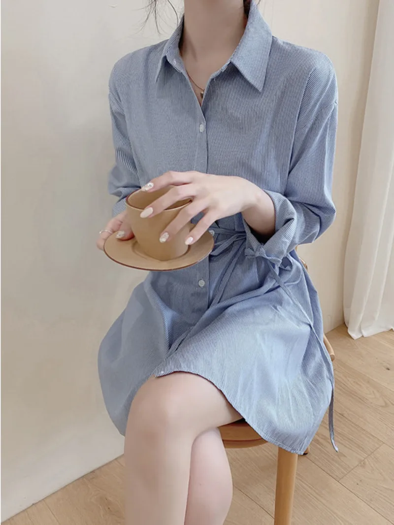 

women's fresh striped shirt skirt slim fit slimming tie up Polo collar medium length small stature waistband style shirt HJXO