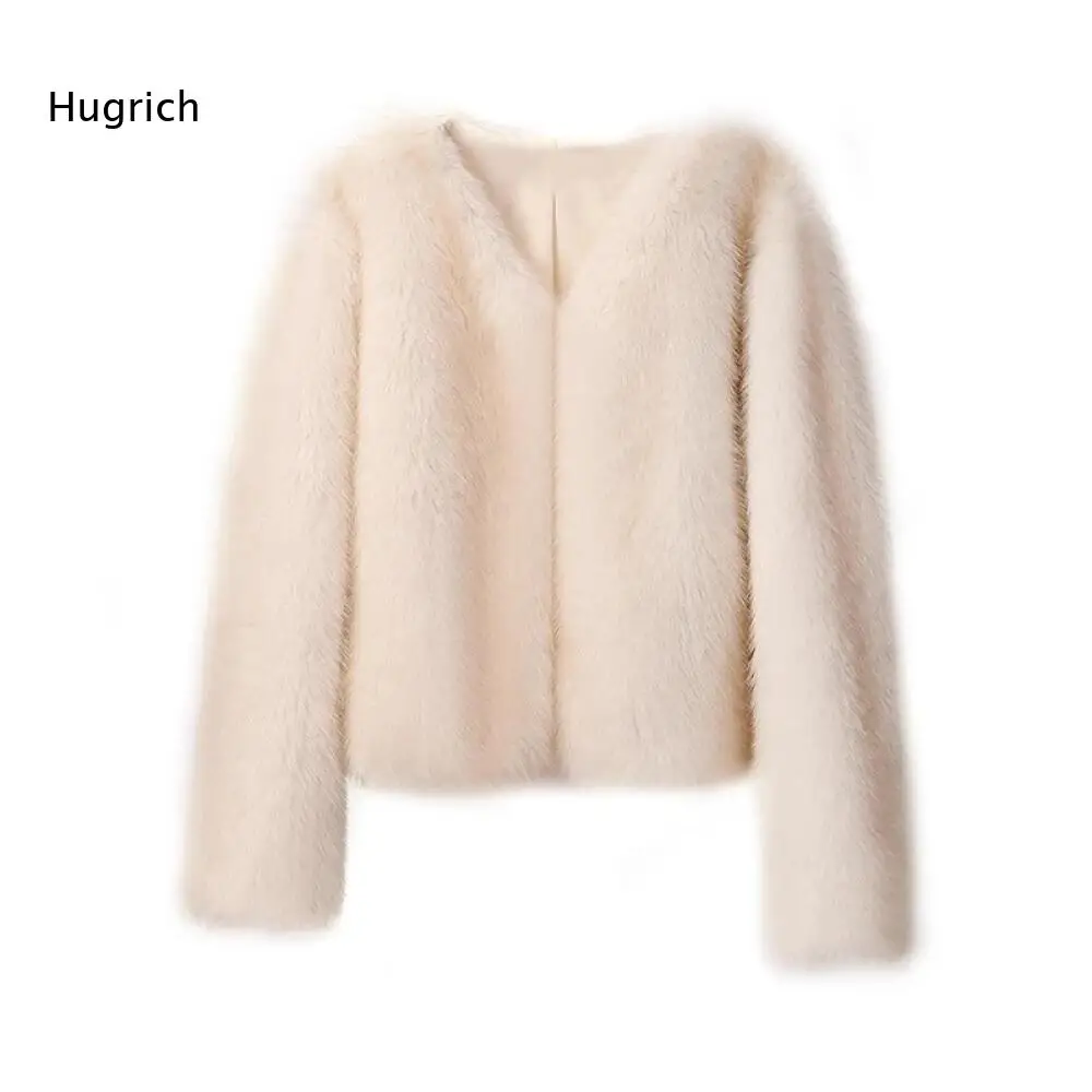 Women Autumn Winter Cropped Faux Fur Jacket V Neck Style Long Sleeve Open Front Soft Thick Plush Outer Layer