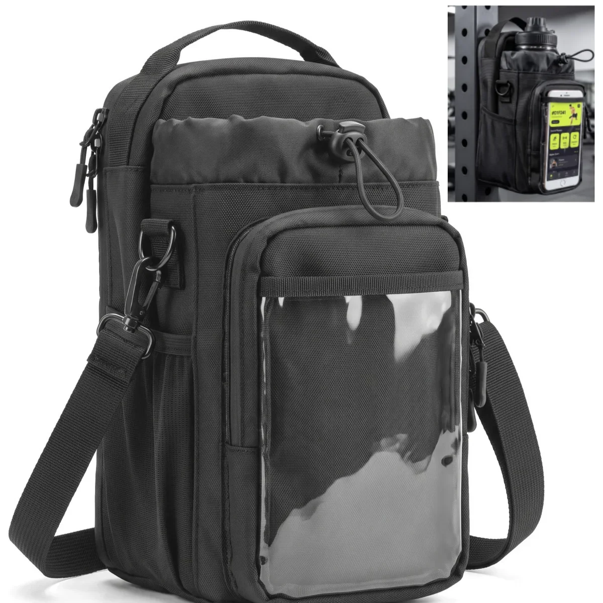 Magnetic 40oz Water Bottle Bag, Touch Screen Phone Pocket, Durable Nylon Crossbody Pouch, Fitness Workout Outdoor for Men Women