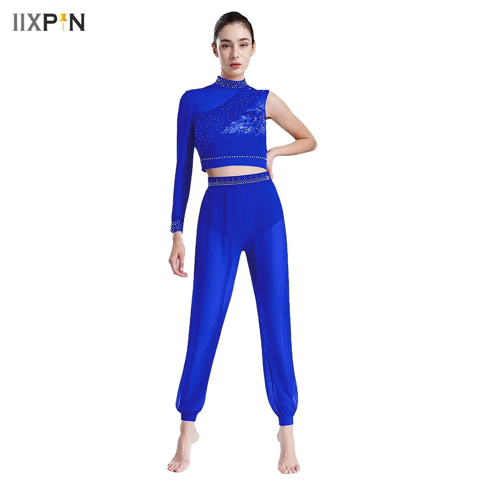

Womens Latin Jazz Belly Dance Outfit 2-piece Glitter Rhinestone Backless Asymmetrical Crop Top and Mesh Long Pants Dancewear