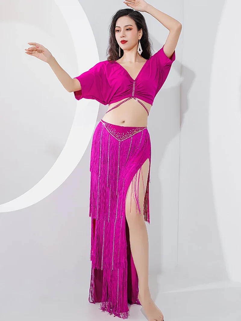 Women Belly Dance Costume French Short Sleeves Cut Out Shoulder Diamond Chain Skirts Practice Stage Performance Dancewear