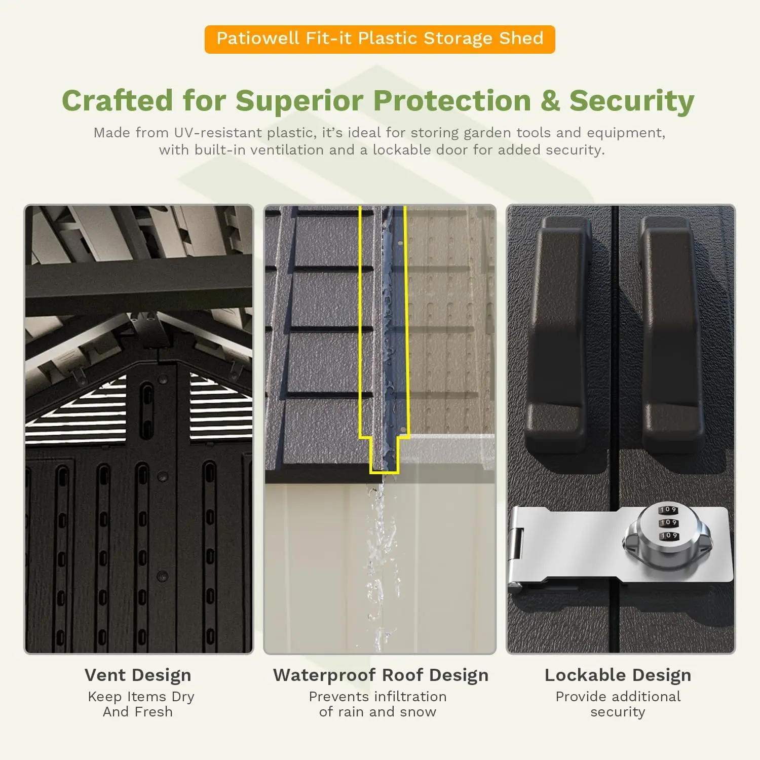 سقيفة تخزين خارجية من الراتنج مقاس 8 × 8 أقدام مع أرضية، سقيفة كبيرة مع باب خفيف وقابل للقفل للحديقة والفناء الخلفي واستخدام تخزين الأدوات