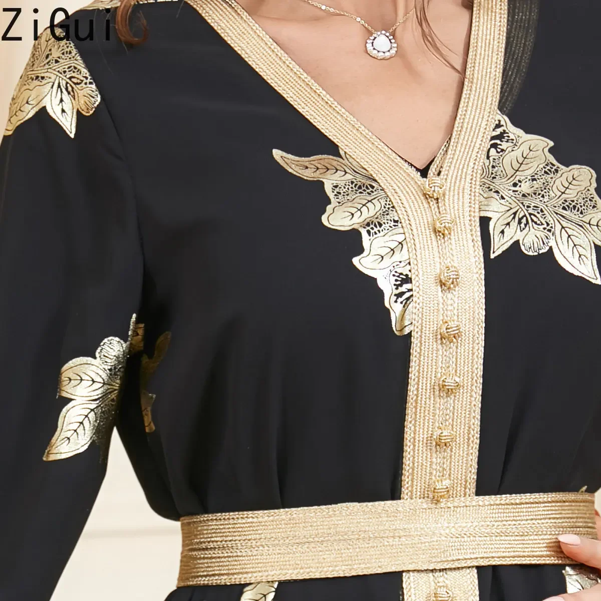 Night Dress Long Sleeve V Neck 2Pcs Suit Robe Belt Black Chiffon Gold Bronzing Luxury Dubai Evening Dress