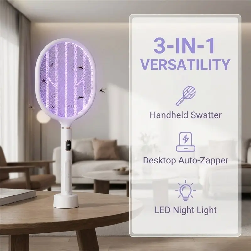 ABDJ-3-In-1 LED Smart Display Mosquito Zapper Conductive Electric Racket With 3-Layergrid Dualswitch&Mosquito Attractantbase