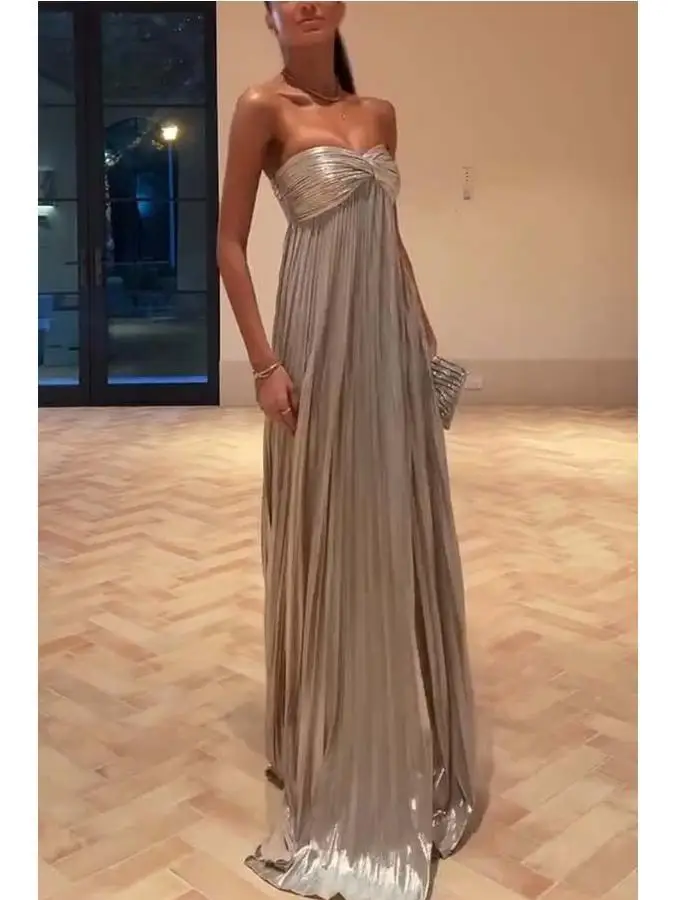 Sexy Evening Dress Women's High Waist Sleeveless Gown with Gold Embossing And Slits for Party KTV Pure Color Summer 2025
