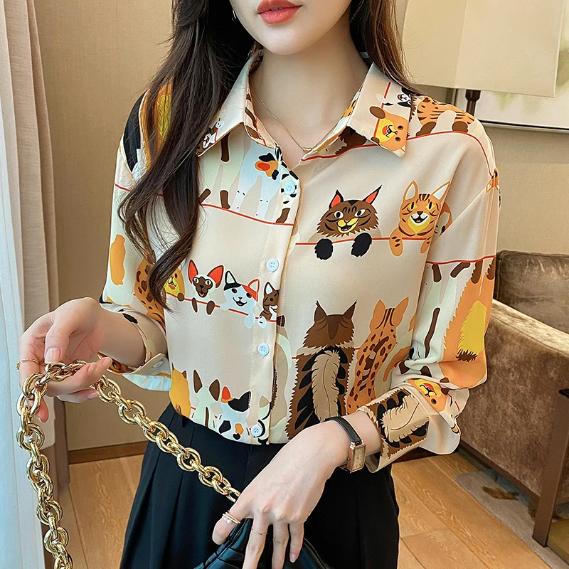 Women Spring Korean Fashion Loose Cartoon Chiffon Polo-Neck Long Sleeve Shirts Women Clothes Casual All-match Appear Thin Tops