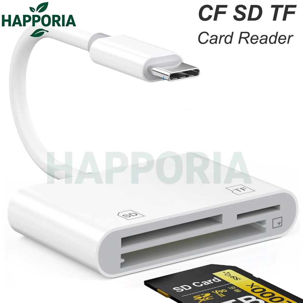 

HAPPORIA New 3 in 1 Type C SD TF CF Card Reader OTG Adapter for iPhone 17 16 15 iPad MacBook Android Cameras Plug and play