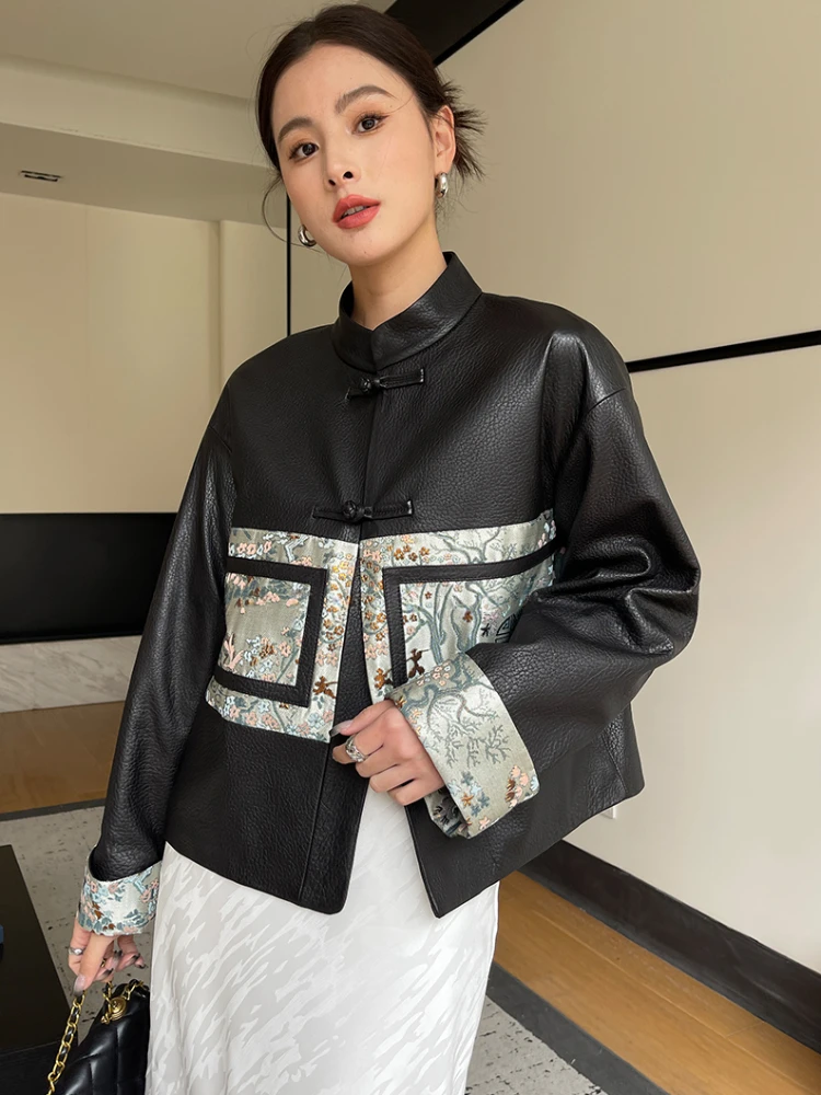 

Vintage Patch Embroidery Real Sheepskin Coat for Women 2024 New Trend High-end Simple Stand Collar Short Genuine Leather Jackets