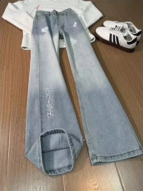 

adient Denim Jeans Men's American Sle Embroidered Letter High Street Straight Leg Bell Bot Retro Vibe Long Trousers
