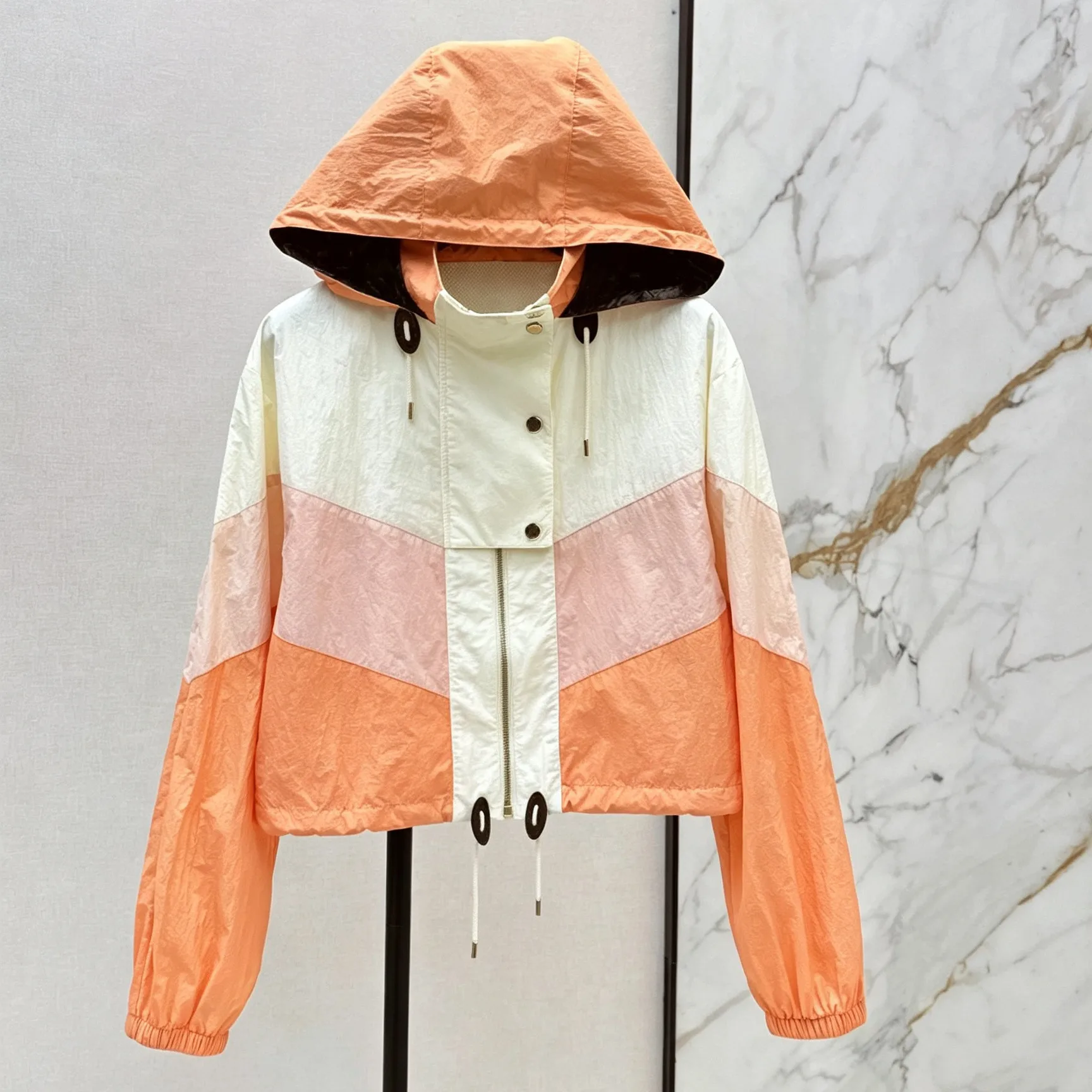 Women's Dopamine Holiday Collection Orange Pink Colorblock Short Hood Sunscreen Jacket Coat