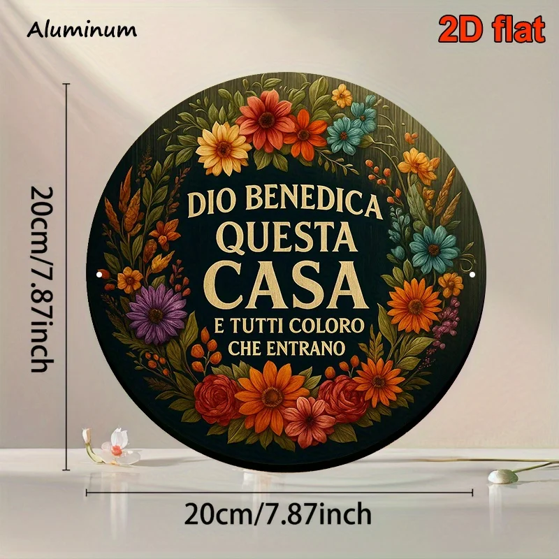 [2D Flat] A Vintage Decorative Plaque in Italian, Measuring 8X8 Inches, Featuring The Phrase 'God Bless This House.' This Alumin