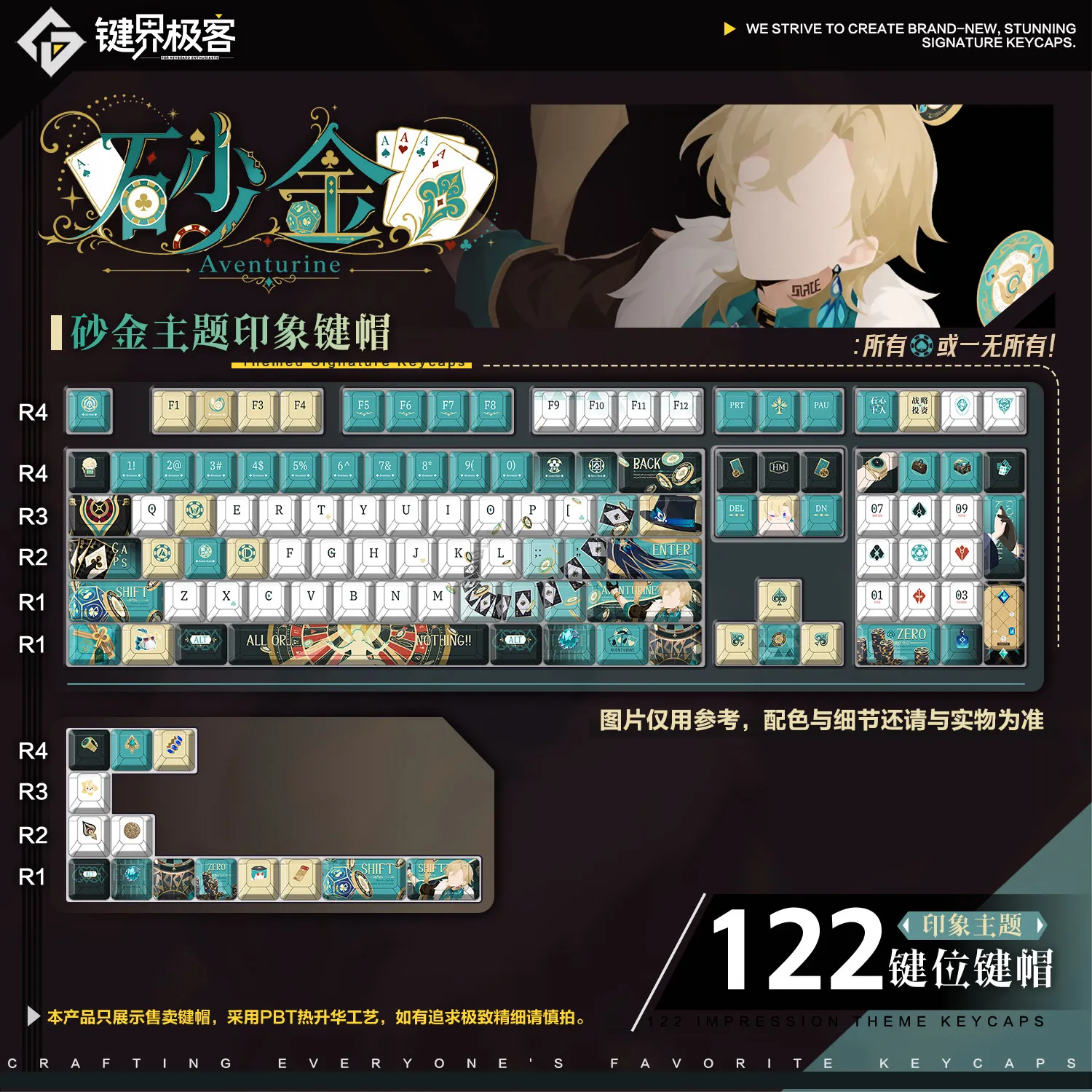 122 Keys Honkai: Star Rail Theme Keycaps Aventurine Game Chreey Profile PBT DYE-Sub Key Cap for ANSI Made68 Mad68 Wooting 60