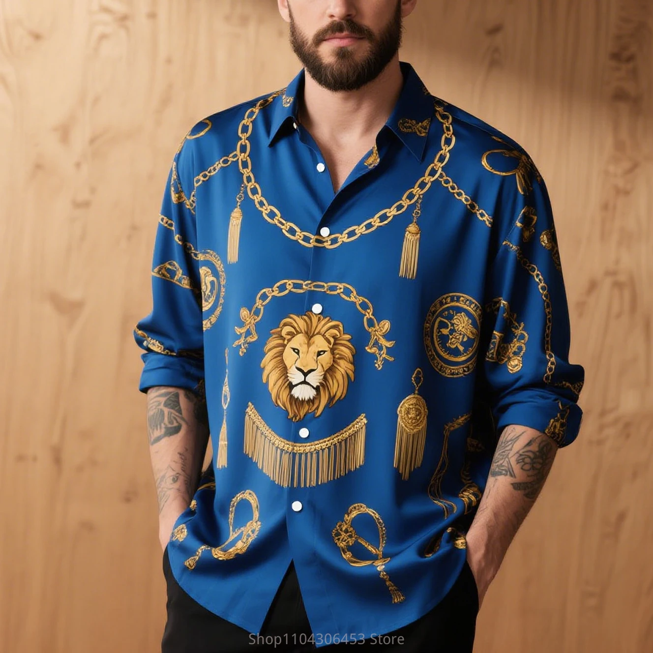الرجال نمط جديد الأسد الرجعية سلسلة تكبل 3D قميص مطبوع بأكمام طويلة ساحة طوق لينة ومريحة النسيج الأعمال عارضة
