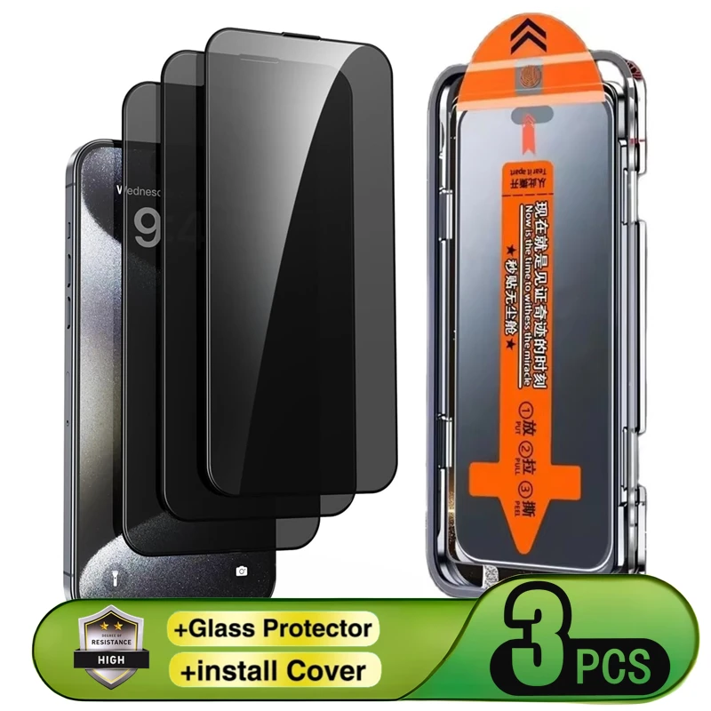 

3Pcs Easy Install Privacy Tempered Glass For iPhone 17 16 15 14 13 11 12 Pro Max Plus X XR XS Anti-spy Screen Protector