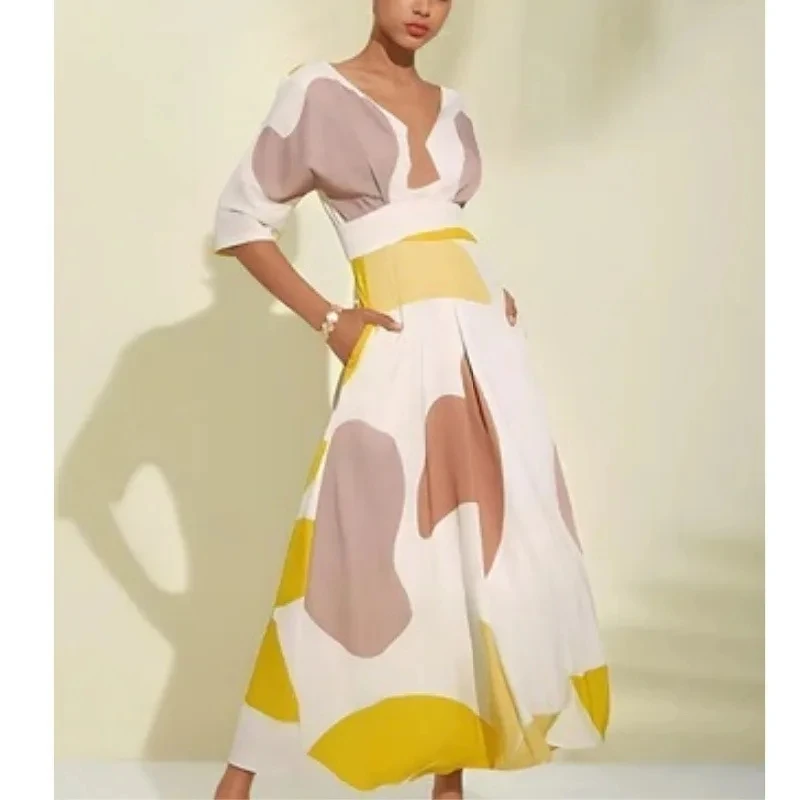 

Elegant Ladies Dress Fashion Temperament V-neck High Waist Printing Commuting Spring and Summer New Style
