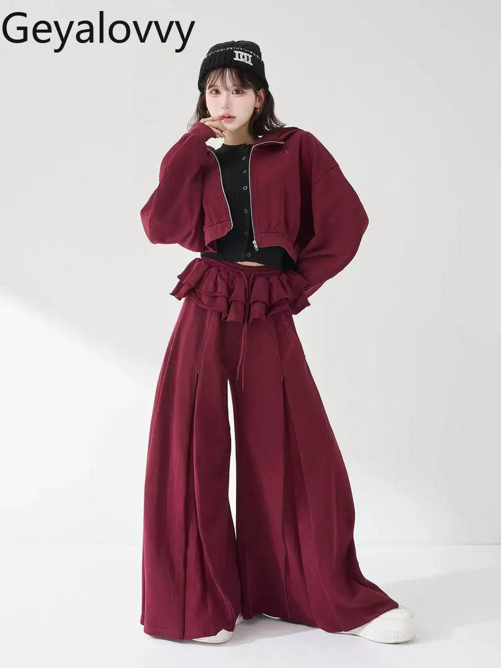 

Japanese Loose-fitting Versatile Casual Sweet Hooded Sweatshirt Zipper Short Jacket for Women Elastic Waist Long Pants Set