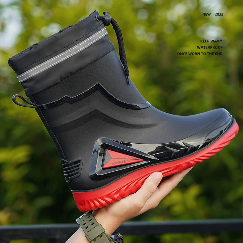 Fashionable Mid-calf Waterproof Rain Boots Rubber Shoes Spring And Autumn Fishing Boots Unisex Warm Cotton Non-slip Rain Boots